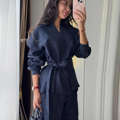 Ensemble décontracté pour femme en lin, 2 pièces, chemise ample à lacets et boutons, pantalon large, collection printemps-été 2026, tenues de vacances pour femme