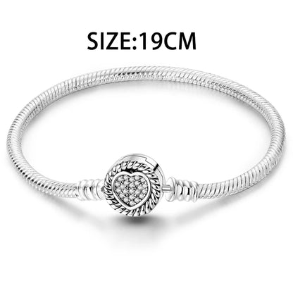 S925 Silver Plated Snake Bone Pattern and Inlaid Heart-Shaped Bracelet For Women Fit DIY Charms Beads Fine DIY Birthday Jewelry
