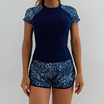 Sports Swimsuit for Women 2 Piece Swimsuit High Waist Tankini Short Sleeve Round Neck Patchwork Bikini Set Swimwear 2025 New