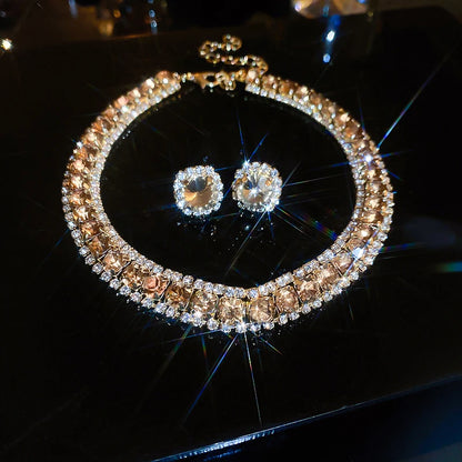Luxury Green Rhinestone Necklace Stud Earrings For Women Crystal Choker Necklaces Ladies Fashion Weddings Banquet Jewelry Set K