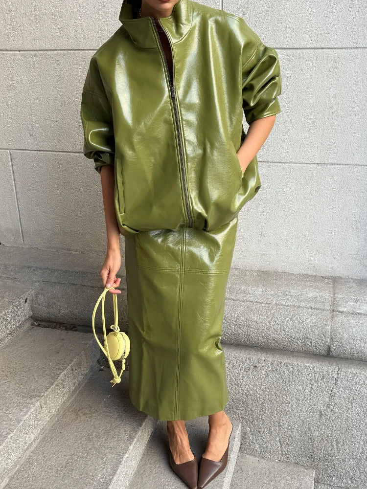 PU Leather Strapless Dresses Coat Women's Two Pieces Set Vintage Stand Jackets Long Straight Skirts 2025 Autumn Street Outfits