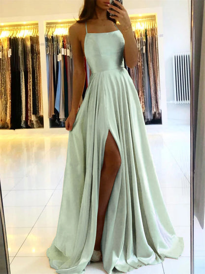 Élégante Robe Longue Femme Satin de Plage Sexy Fente Dentelle Robe de Soirée Bal Bretelles Réglables Robes de Demoiselle d'Honneur