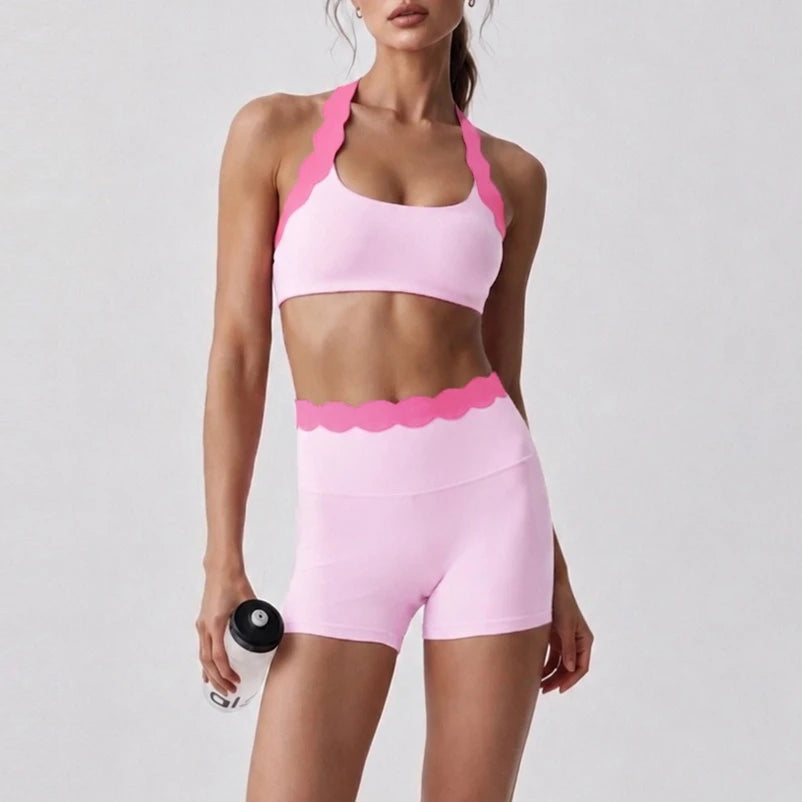 Women 2 Piece Yoga Set Contrast Scalloped Trim Halter Sports Bra Criss‑Cross Back High Waist Leggings Workout Clothes Gym Set