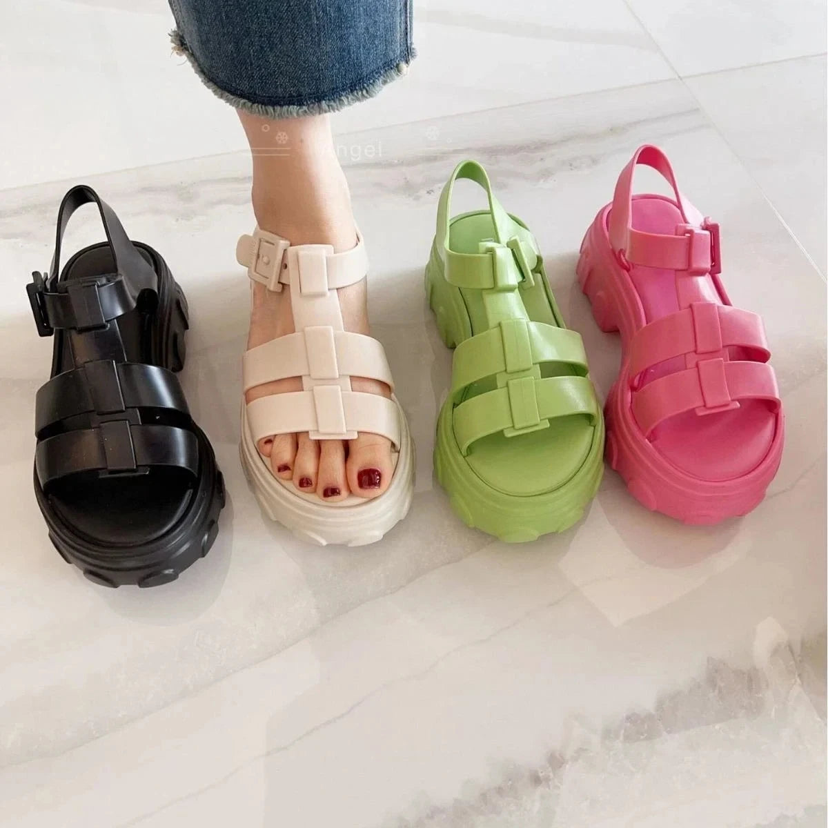 Mini Melissa – Sandales d'été romaines à bout ouvert pour femmes, semelle épaisse Matsu, chaussures de plage respirantes et décontractées pour adultes et jeunes filles