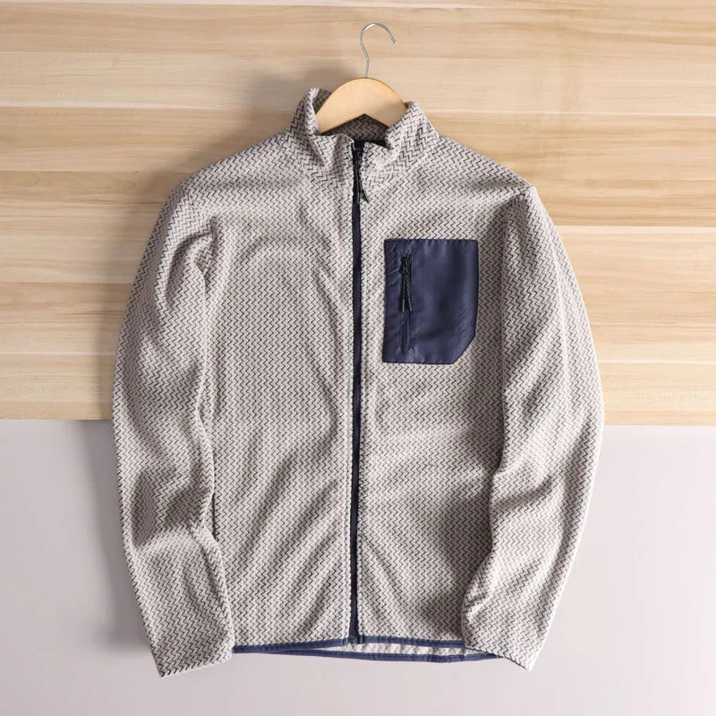 Outdoor Jacket, Casual, Fishing, Cycling, Camping, Hiking, Mountaineering, Trekking, Wave Pattern, Stand-up Collar Fleece Jacket