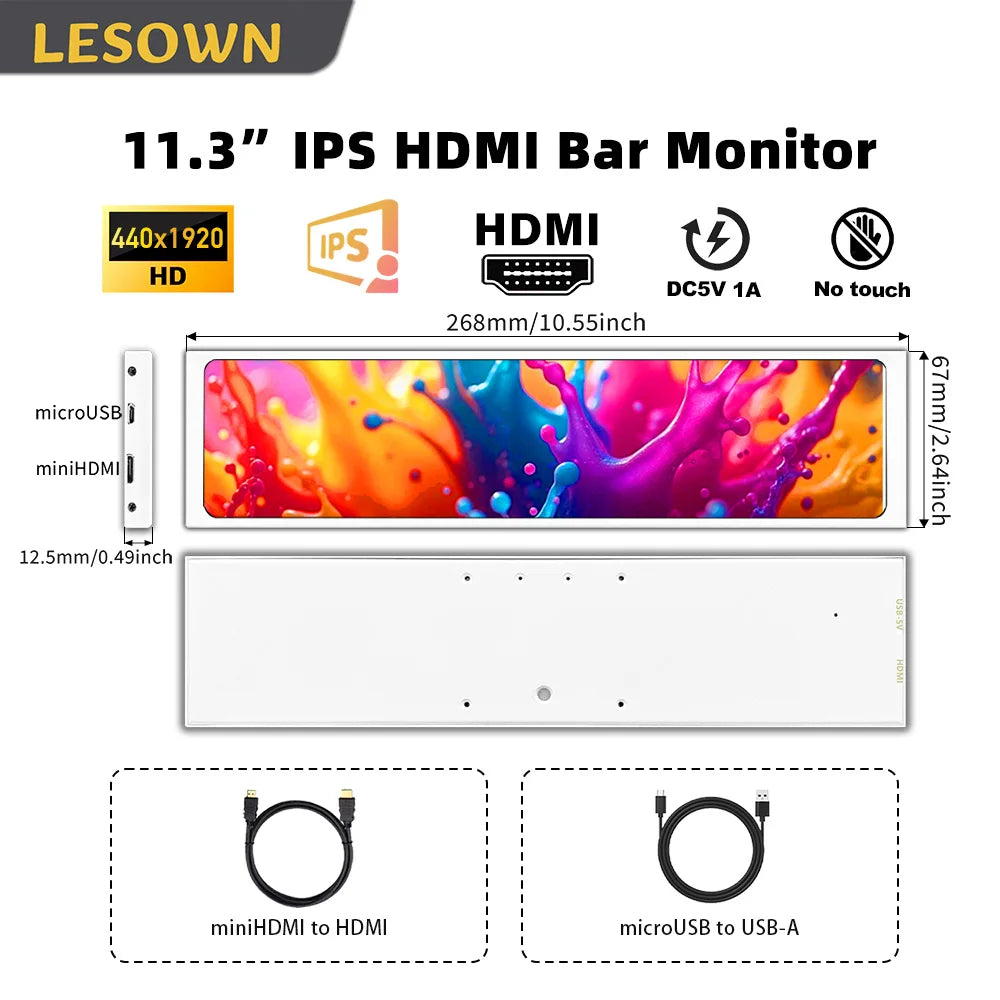 LESOWN 11.3'' Portable Auxiliary Monitor Stretched Display 440x1920 Ultra Slim Bar Screen for Laptop PC Ps Pr Additional Monitor