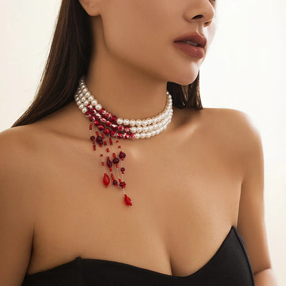 DIEZI Goth Multilayer Red Blood Imitation Pearl Choker Statement Necklace For Women Vintage Crystal Bead Halloween Jewelry