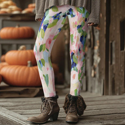 Colorful Blooming Flowers Pattern Women's Leggings Autumn Winter Warm Fashion Tights Stylish Outdoor Look Fashion Streetwear