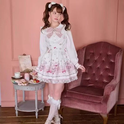 Ensemble robe à nœud en strass style Kawaii japonais pour femme, robe chemise mignonne style Lolita, dentelle, imprimé perle, robe de soirée gothique Y2k