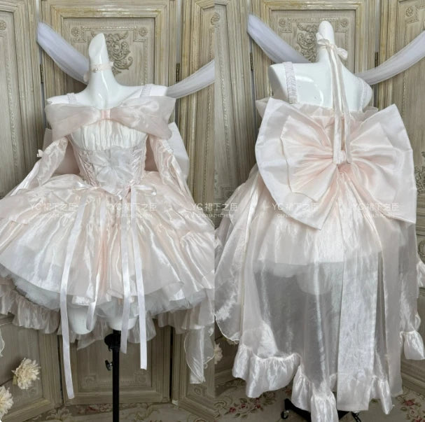 Robe bustier rose fée de style français pour femmes, collection printemps-été 2025, style Lolita, grande nœud, princesse, bouffante, courte, pour soirée et cocktail