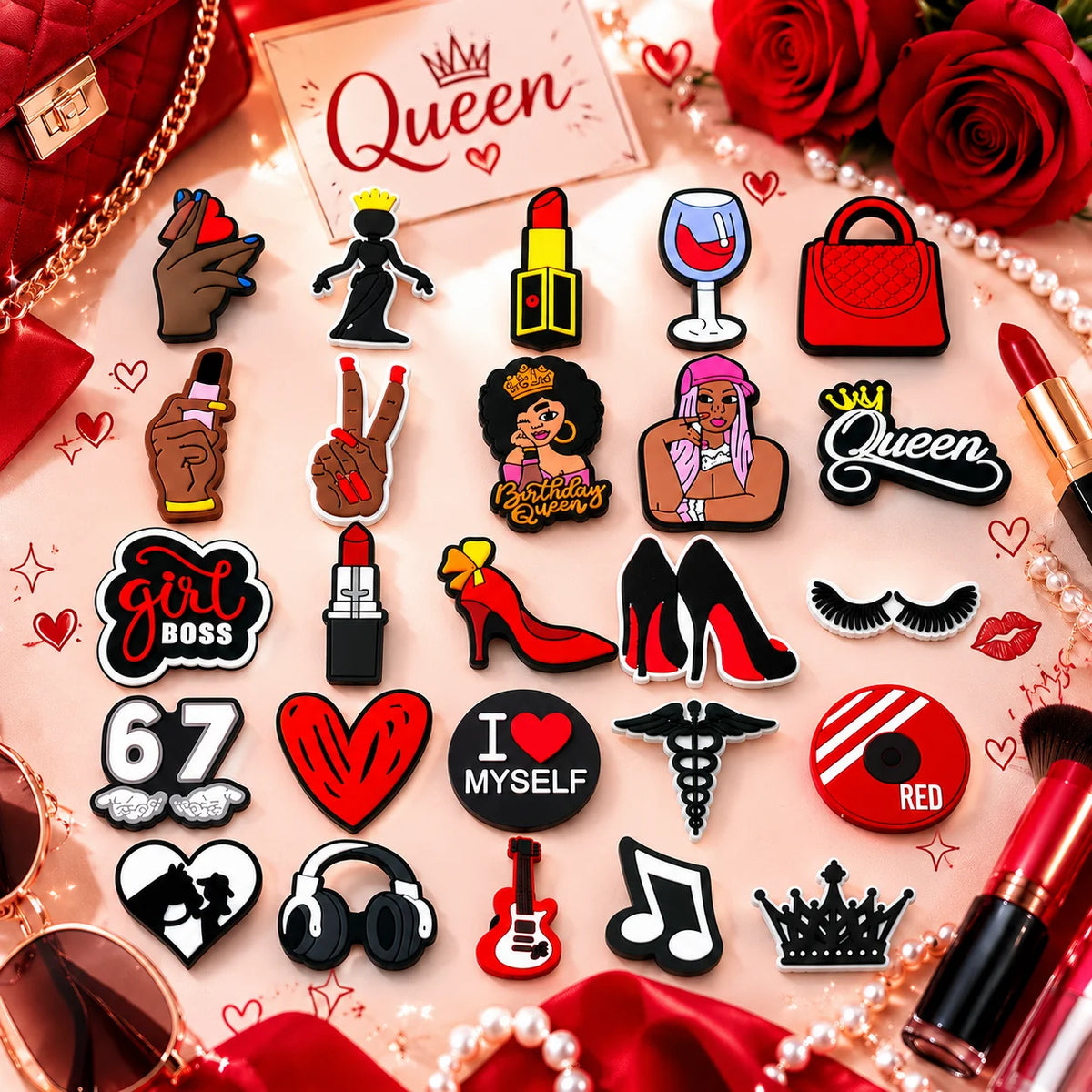 1/25PCS Cool Queen-Style Shoe Charms for Women, Crown  Heart Shaped High-Heel Charms for Shoes, Lipstick Sandals Clogs  Buckles