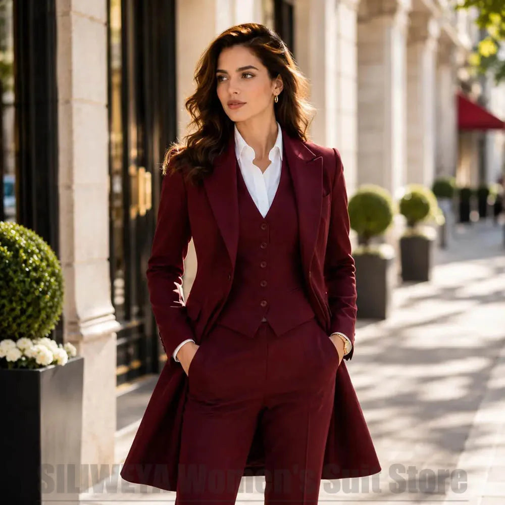 Fashion Women 3 Piece Suit Elegant Peak Lapel Single Breasted Wear Long Blazer Vest And Pants Formal Office Casual Party Outfit