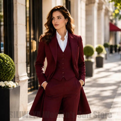 Fashion Women 3 Piece Suit Elegant Peak Lapel Single Breasted Wear Long Blazer Vest And Pants Formal Office Casual Party Outfit