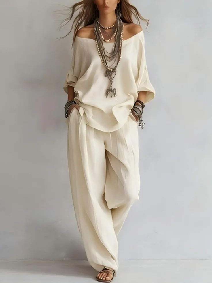 Women's 2 Piece Outfit Casual Loose Off Shoulder Long Sleeve Top & Wide Leg Pants Set Elegant Solid Color  Matching for Summer