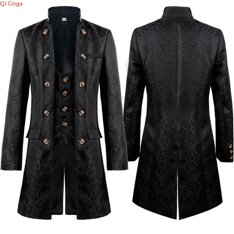 White Men's Vintage Style Military Double - Breasted Trench Coat with Embroidered Patterns and Black-Yellow Buttons.