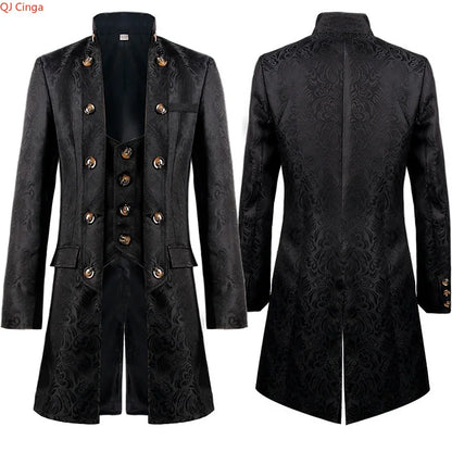 White Men's Vintage Style Military Double - Breasted Trench Coat with Embroidered Patterns and Black-Yellow Buttons.