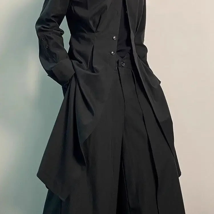 Y2K Gothic Trench Coat Men Dark Academia Streetwear Long Shirt Dress Asymmetric Hem Belted Punk Style Outerwear
