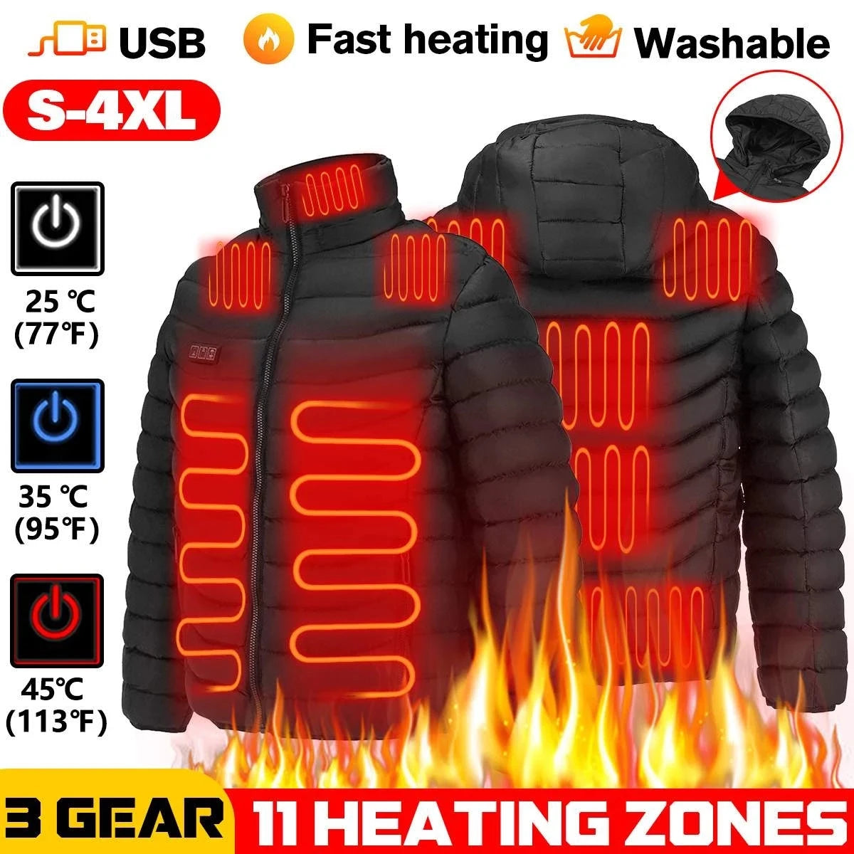 Men's Winter Warm USB Heating Parka Smart Thermostat Pure Color Hooded Heated Jacket Bobojaco Padded Clothing