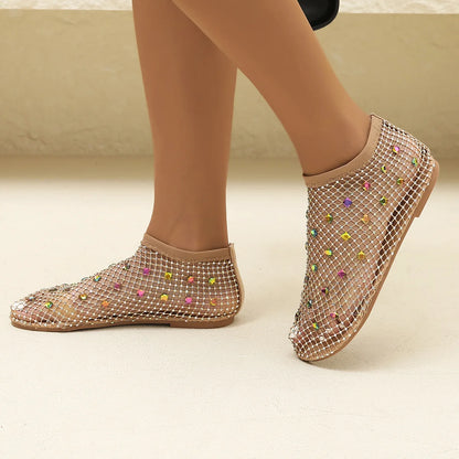 2026 Summer Women's New Luxury Sequin Bottom Hollow Short Boots Water Diamond Sexy Flat Bottom Fashion Banquet Flats Sandals﻿