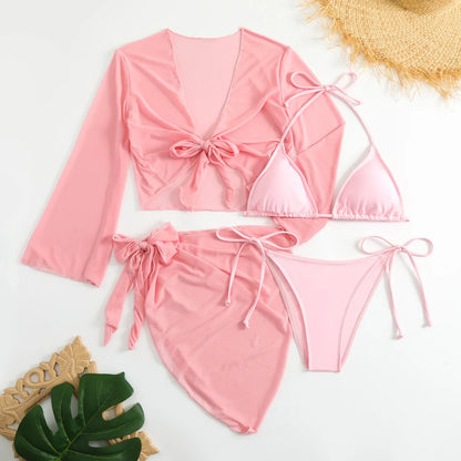 Ensembles de bikinis micro string roses pour femmes 4 pièces avec hauts en maille et jupe maillot de bain tenues de plage biquini