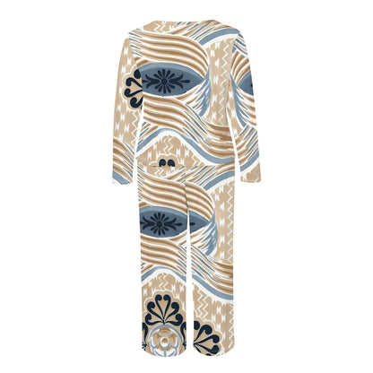Plus size Women two-piece set with 3D geometric print casual loose round neck long sleeved two-piece set (pocket)