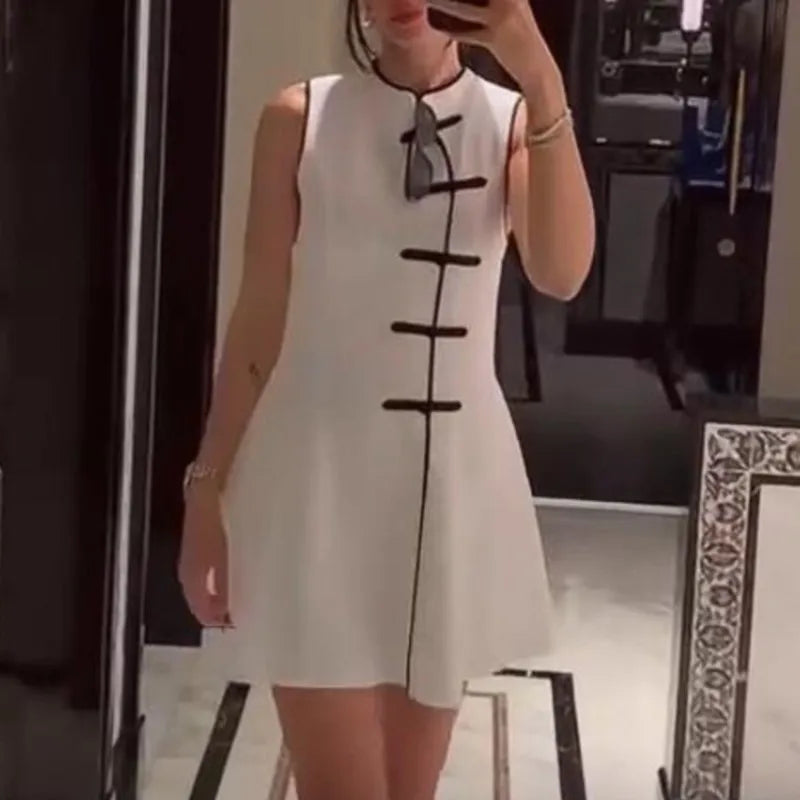 Women's Mini Dress Summer New Fashion Round Neck Sleeveless Rope Knot Contrast Dress Vintage Female Chic Dresses