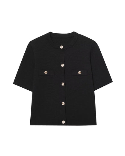 HH Women's Elegant Suit Round Collar Single-Breasted With Short Sleeve Pocket Knitted Top+Elastic Waist Mini Skirt Set