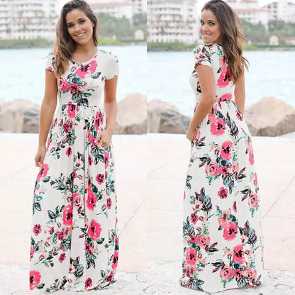 Summer Maxi Dress Women 2025 Pink Floral Print Boho Beach Dress Ladies Evening Party Long Dress Sundress Vestidos De Festa 3XL