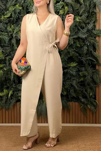 Combinaison décontractée femme Col en V sans manches Combinaison à lacets pour femme Mode Bureau Vacances Vêtements femme Combinaisons Été Nouveau