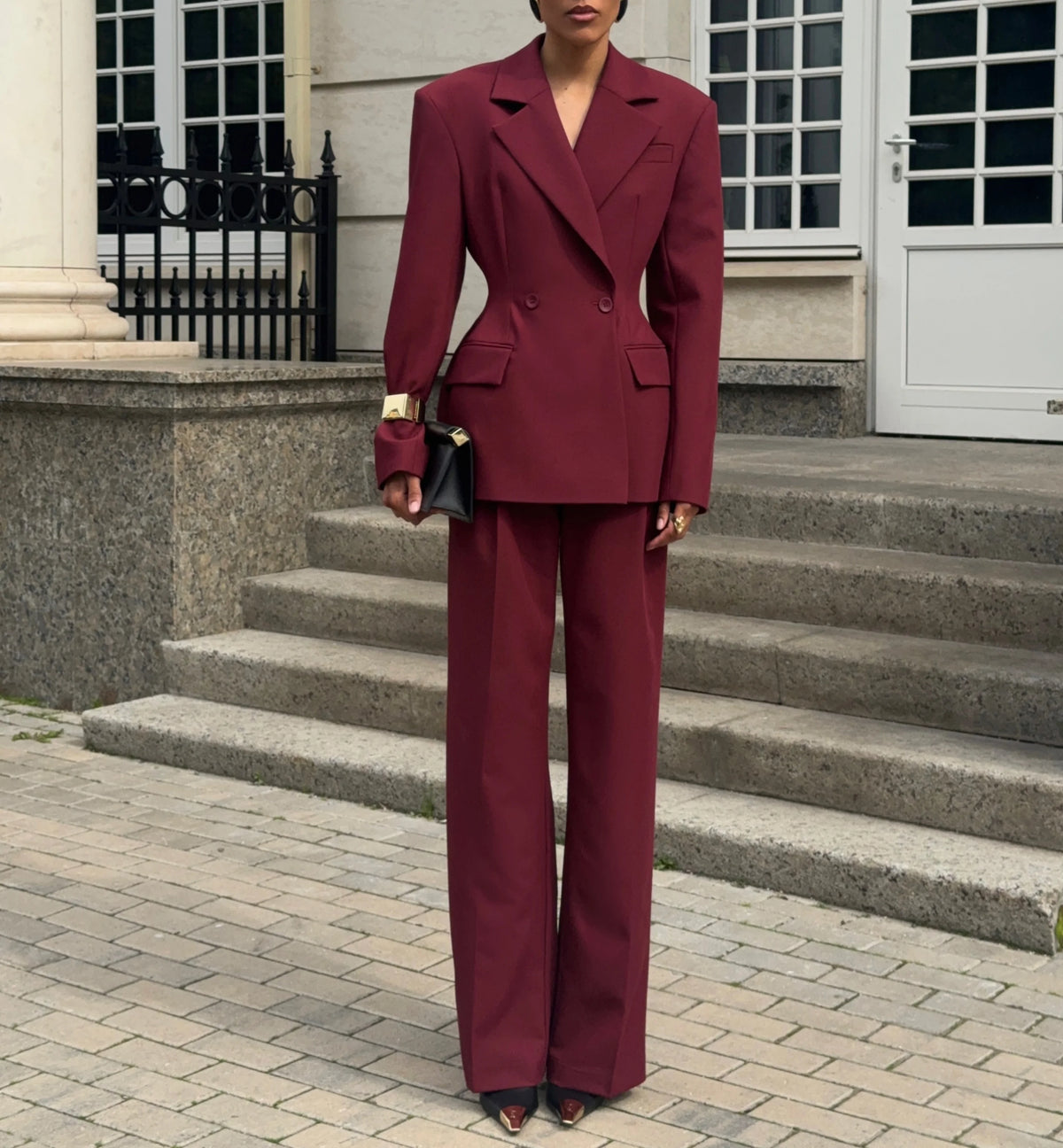 Women 2 Piece Suit Set Double Breasted Waist‑Fitted Blazer Wide Leg Pants Formal Office Business Lady Wedding Party Customized