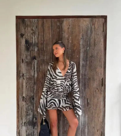 Mini-robe longue à imprimé zèbre pour femme, idéale pour les soirées et les clubs, avec volants, collection été 2026
