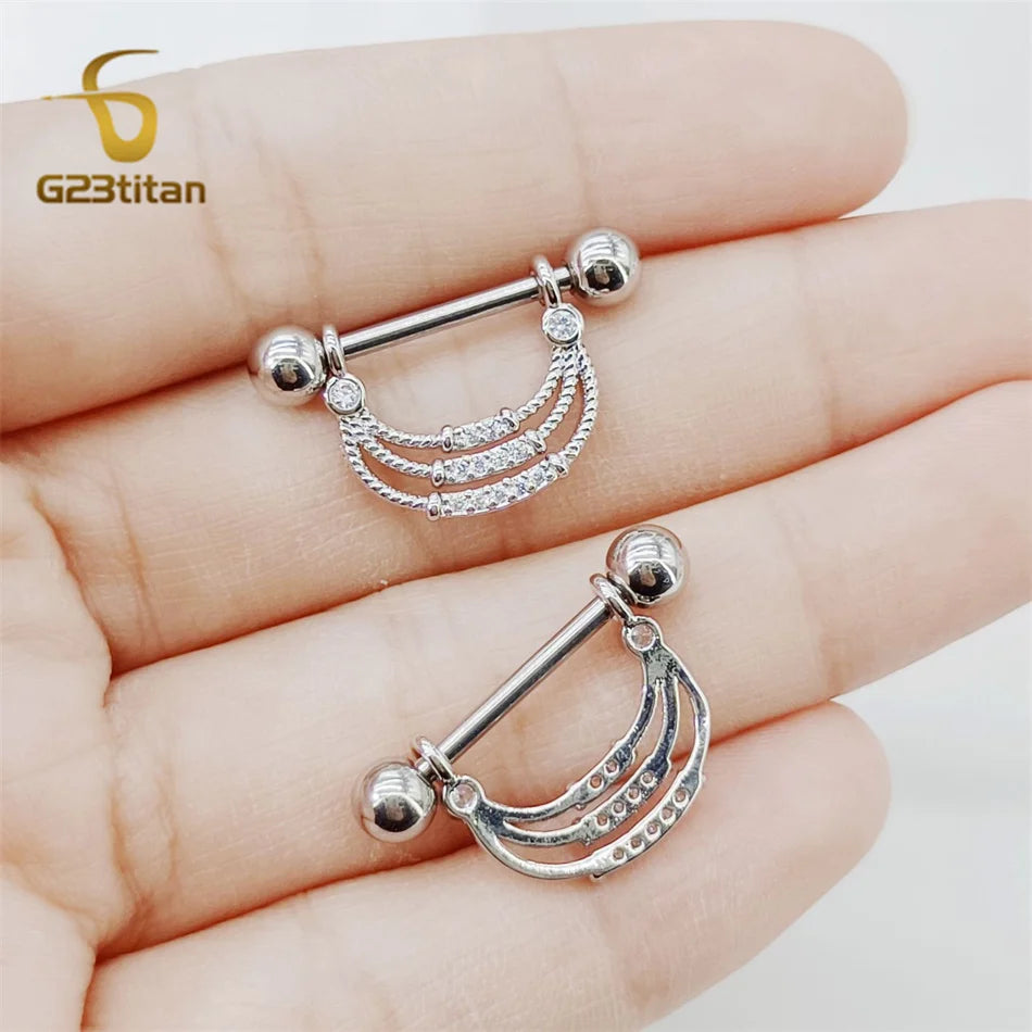 2 bagues de mamelon en zircon couleur argent hypoallergéniques 14G 16mm en titane, piercing barbell droit, bijoux de plage sexy, ornement pour femme
