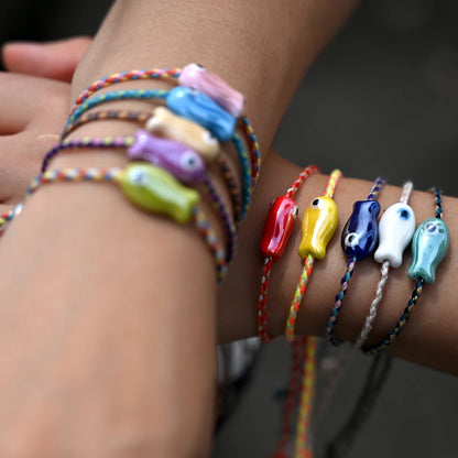 Set of 10Pcs Ceramic Fish Bracelet for Women Handmade Woven Colored Rope Boho Wrap Charm Bracelet Friendship Popular Jewelry