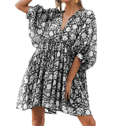 Women's Mini Dress, Half Sleeve V-Neck Lacing Flower Print Pleated Loose Summer Dress for Casual Daily