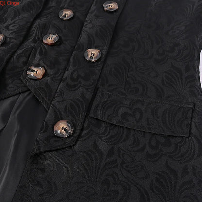 White Men's Vintage Style Military Double - Breasted Trench Coat with Embroidered Patterns and Black-Yellow Buttons.