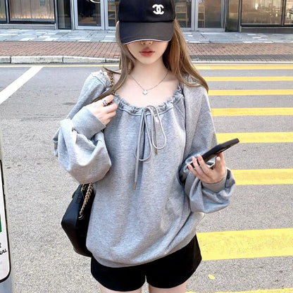 Bandage Plissé Uni Style Décontracté Sweatshirts à Capuche Printemps Automne Manches Longues Ample Hauts Tendance Vêtements Coréens Décontractés pour Femmes