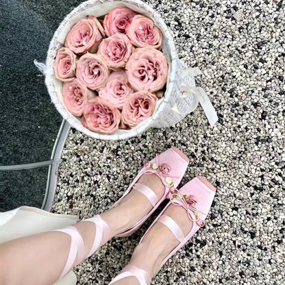 Women's Ballet Flats Ballerina Shoes 2026 Summer New Flower Mary Jane Comfortable Riband Strap Elegant Flats for Women 51441