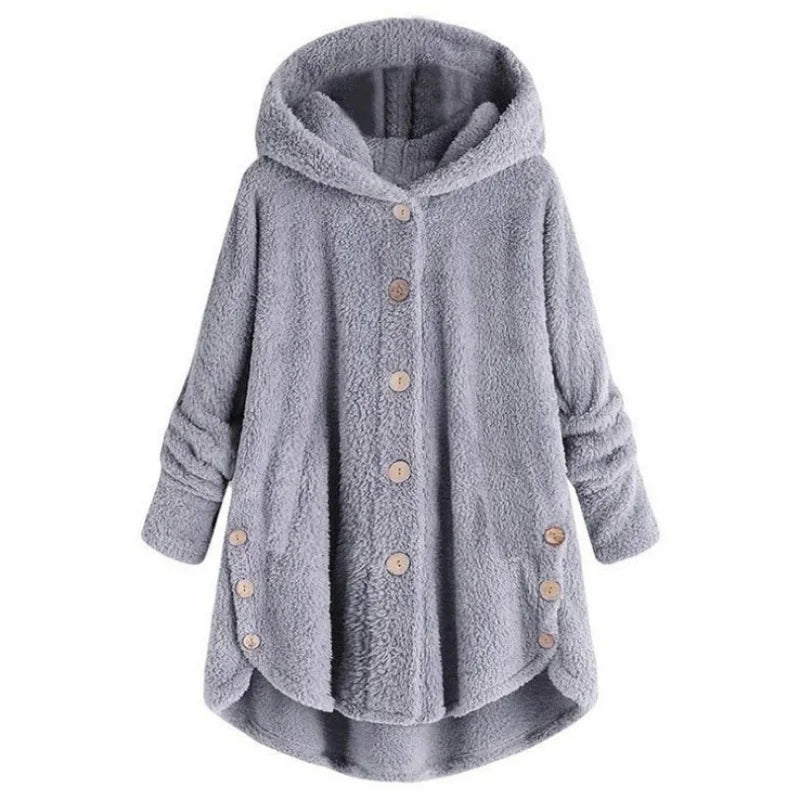 New Fashion Autumn Winter Women's Solid Button Coats Ladies Warm Teddy Bear Loose Outwear Female Plush Coat Hooded Plush Jackets