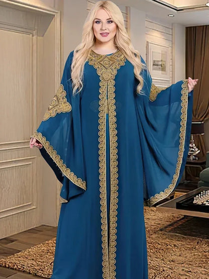Party Dresses for Women Abaya Muslim Caftan 2 Piece Set Eid Flare Sleeves Robe Embroidered Gold Lace Dress Suit Jalabiya Ramadan