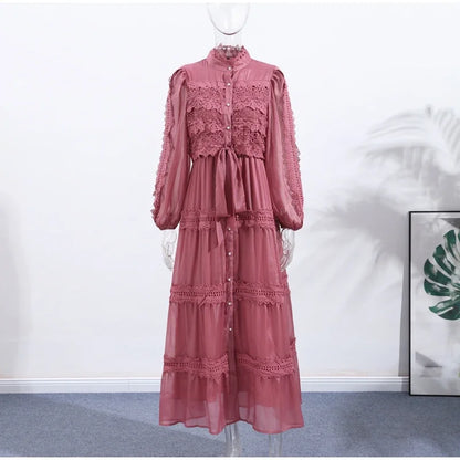 Robes longues évidées pour femmes, manches lanternes, laçage, perles, boutonnage simple, Vestidos, printemps, couleur unie, robe élégante 2026
