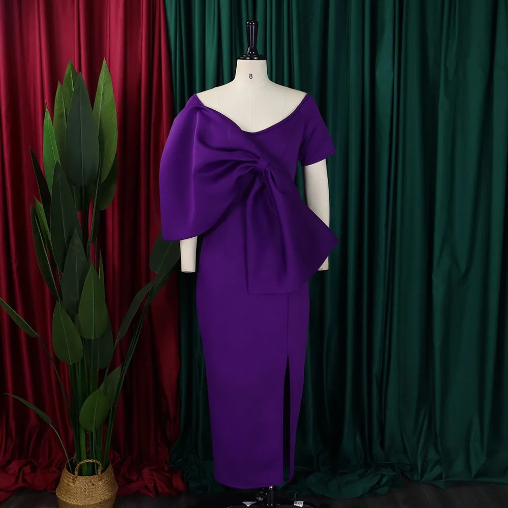 Elegant Party Dresses for Woman 2024 New V Neck Short Sleeve Big Bow Decorate Sheath Side Split Ankle Length Luxury Party Dress