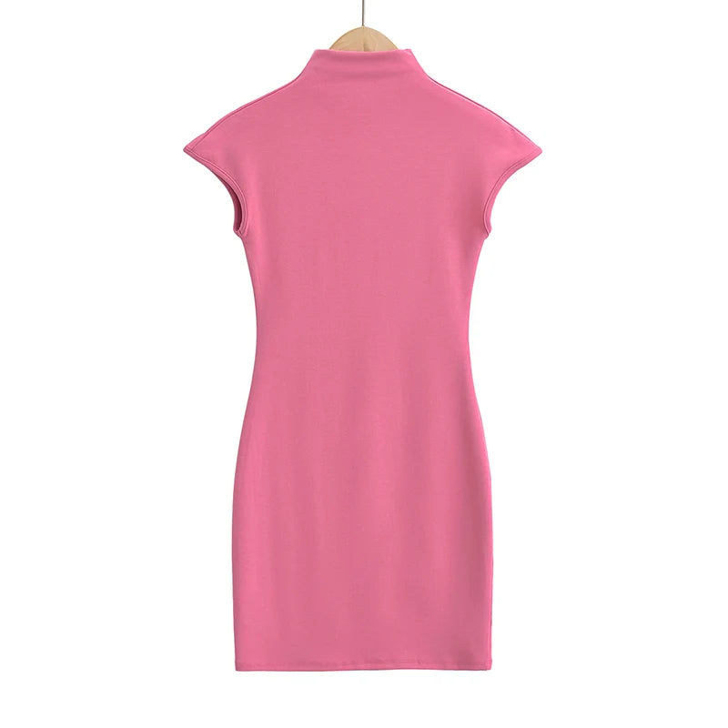 Mini dresses for women 2024 Summer knitted dress sexy vintage clothes black dresses short sleeve turtleneck pink dress bodycon
