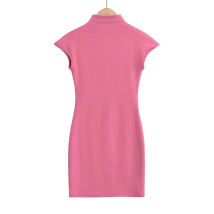 Mini dresses for women 2024 Summer knitted dress sexy vintage clothes black dresses short sleeve turtleneck pink dress bodycon