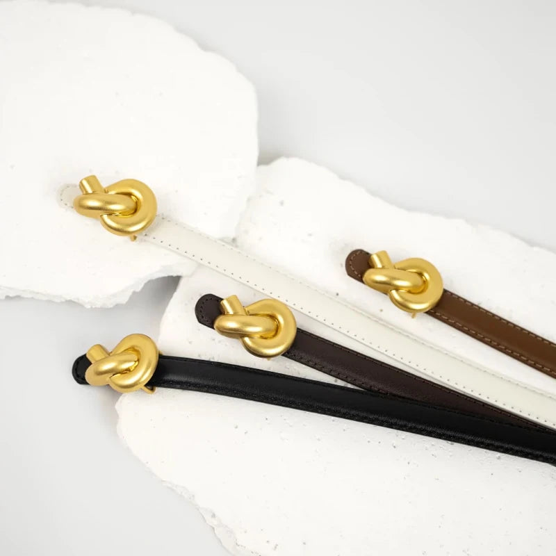 Premium Genuine Leather Women's Fashion Belt with High-Quality Metal Knot Buckle for Dresses and Jeans