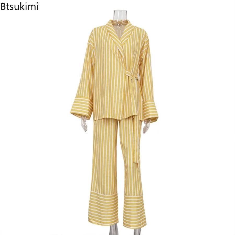 Women's Two-piece Set  Autumn New Striped Long-sleeved Loose Lace-up Top High-waisted Trousers Fashion Casual Suit for Women