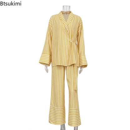 Women's Two-piece Set  Autumn New Striped Long-sleeved Loose Lace-up Top High-waisted Trousers Fashion Casual Suit for Women