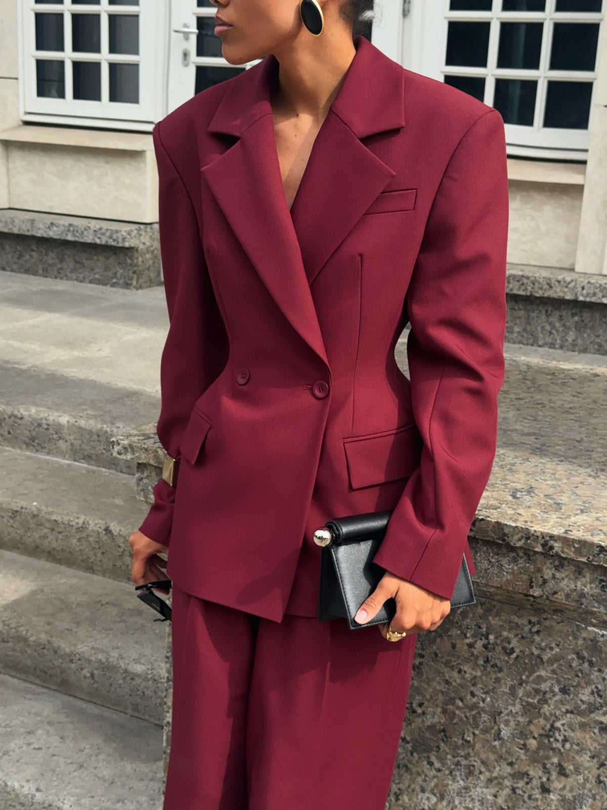 Women 2 Piece Suit Set Double Breasted Waist‑Fitted Blazer Wide Leg Pants Formal Office Business Lady Wedding Party Customized