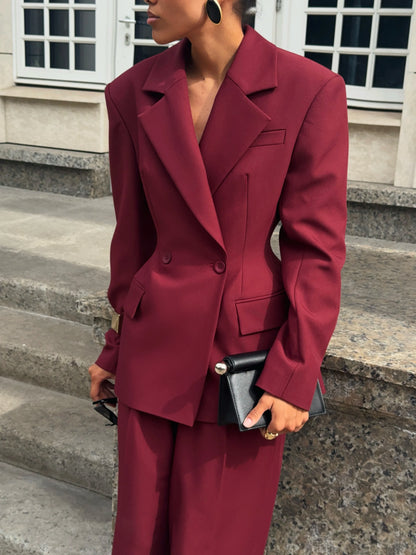 Women 2 Piece Suit Set Double Breasted Waist‑Fitted Blazer Wide Leg Pants Formal Office Business Lady Wedding Party Customized