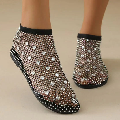 2026 Summer Women's New Luxury Sequin Bottom Hollow Short Boots Water Diamond Sexy Flat Bottom Fashion Banquet Flats Sandals﻿