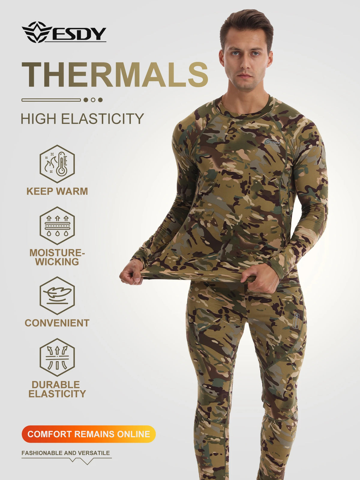 Esdy 1 Set of Men's Thermal Compression Clothing Set, Autumn and Winter Outdoor Thermal Underwear Set, Polar Hunting Cold-Proof Long-Sleeve Underwear and Pants, Suitable for Skiing, Mountaineering, and Rock Climbing